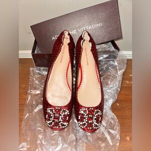 Adrienne Vittadini Red Checkered Flats with Embellishments